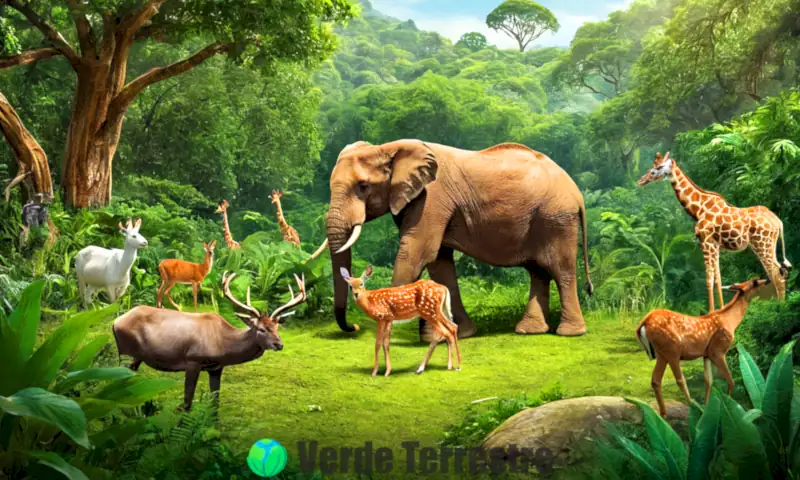 Ilustración de animales herbívoros como ciervos, conejos, elefantes y jirafas en un ecosistema verde y soleado, rodeados de plantas vibrantes