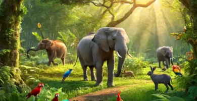 Ilustración de un bosque verde con un ciervo
