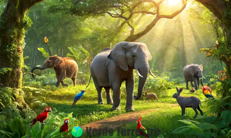 Ilustración de un bosque verde con un ciervo