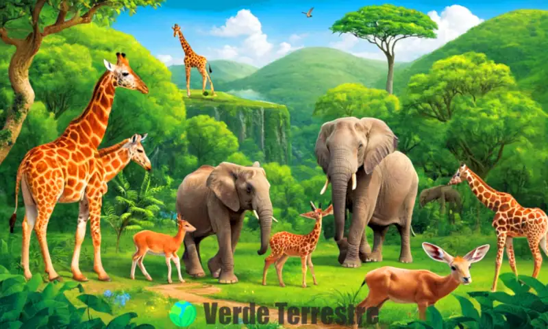 Animales herbívoros, como un elefante, un ciervo, un conejo y una jirafa, interactúan en un entorno verde y vibrante con árboles, praderas y flores