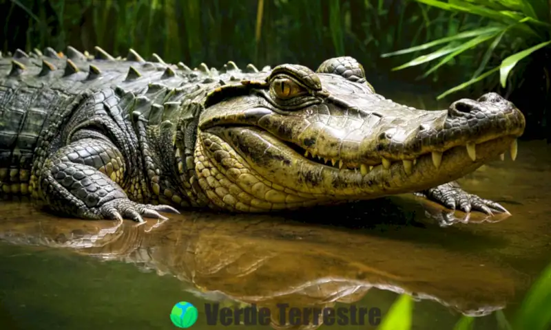 Portada de libro con primer plano de un cocodrilo en un pantano tropical, mostrando su piel escamosa, dientes afilados y ojos penetrantes