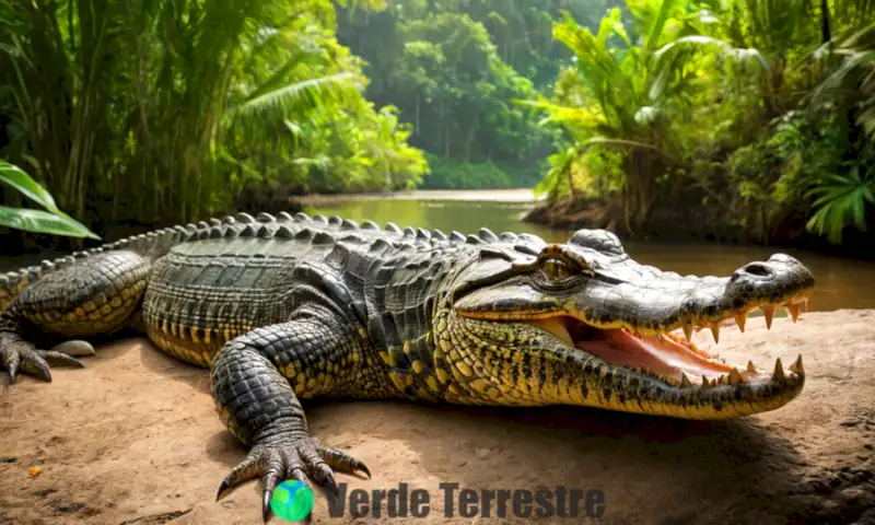 Cocodrilo descansando en la orilla de un río, rodeado de vegetación tropical