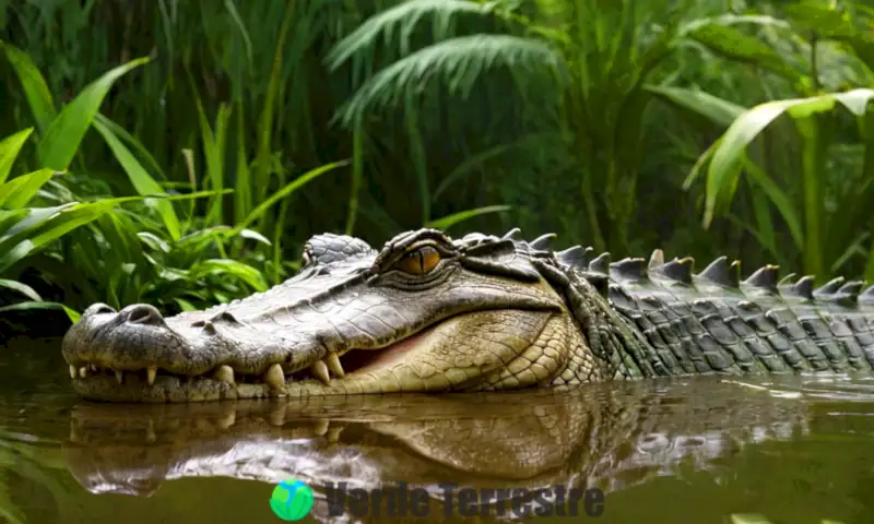 Cercano de un cocodrilo en un entorno de humedal con plantas tropicales y reflejos de agua