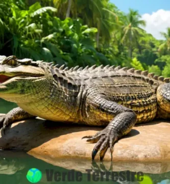 Cocodrilo descansando en la orilla de un río