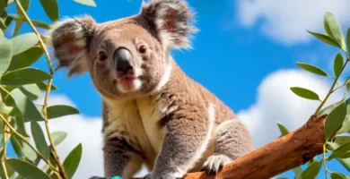 Koala lindo sobre una rama de eucalipto