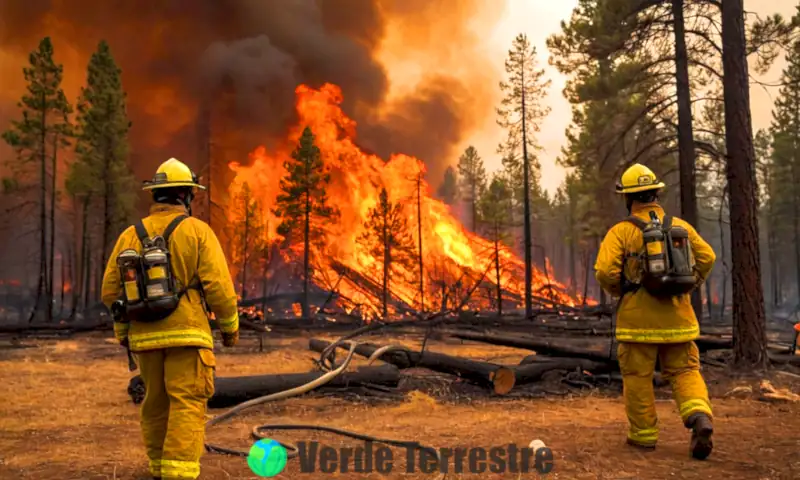 Ilustración realista de un incendio forestal con árboles carbonizados, humo en el cielo y bomberos controlando las llamas en un paisaje forestal vibrante