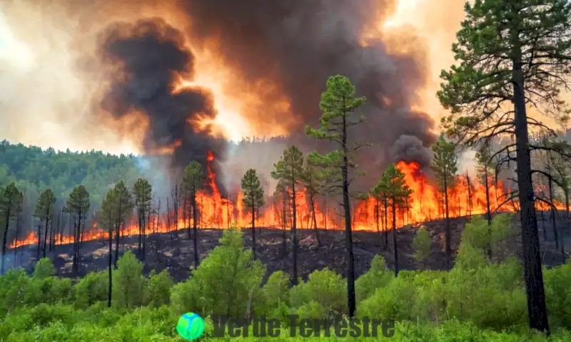 Paisaje dramático de un incendio forestal con árboles quemados y humo, contrastando con áreas verdes que simbolizan la recuperación, y texto destacado sobre impactos y prevención
