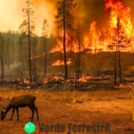 Bosque carbonizado con fauna afectada y un bombero en acción