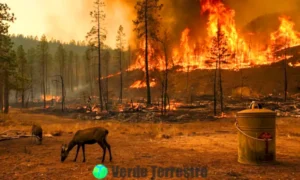 Bosque carbonizado con fauna afectada y un bombero en acción