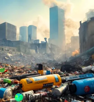 Ilustración que muestra objetos representando contaminantes ambientales en una ciudad desordenada
