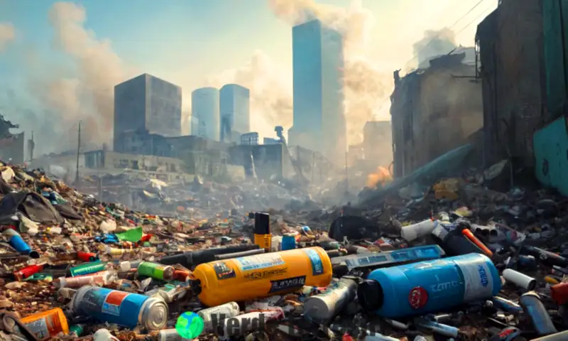 Ilustración que muestra objetos representando contaminantes ambientales en una ciudad desordenada
