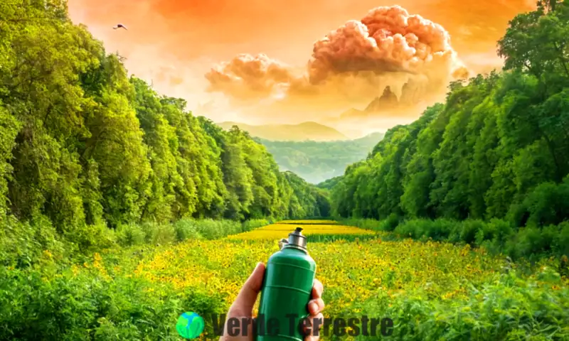 Una persona confundida sostiene un spray en un entorno verde marchitándose, simbolizando la contaminación por pesticidas