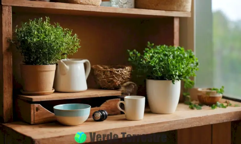 Escena interior acogedora con objetos reutilizados creativamente, como una maceta de taza de té y estanterías de cajas de madera, en un ambiente cálido y rústico