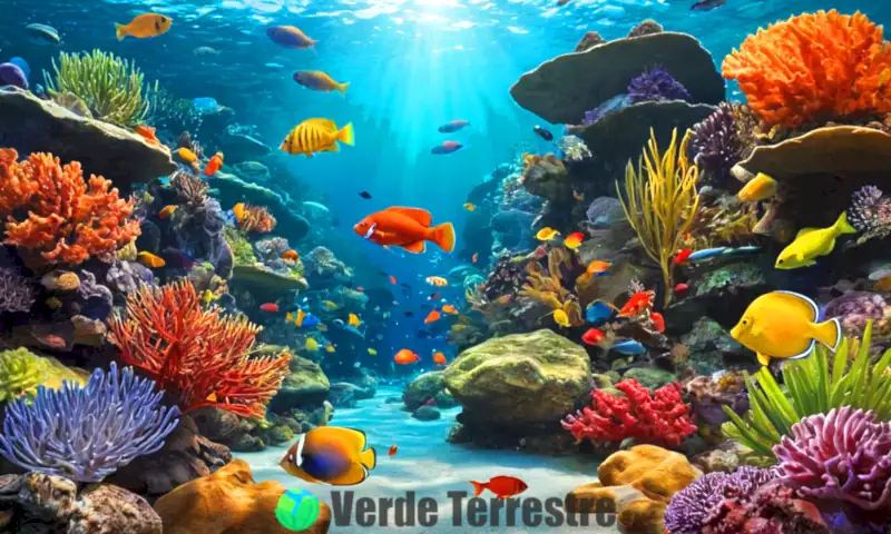 Ilustración detallada de 40 especies de peces, dividida en dos secciones: peces ornamentales coloridos en un hábitat vibrante y peces comestibles en un entorno natural de río