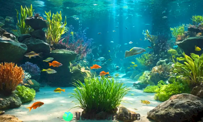 Escena submarina con 40 especies de peces de río entre plantas acuáticas y rocas, destacando 10 especies con colores y patrones únicos
