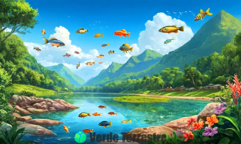 Ilustración artística de 40 especies de peces de río con 10 destacados, en un ecosistema acuático vibrante y detallado