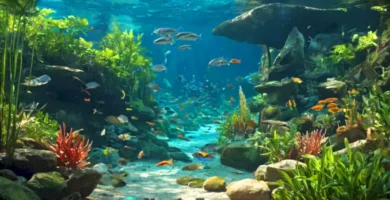Ilustración vibrante de un río de agua dulce con 40 especies de peces nadando entre plantas acuáticas