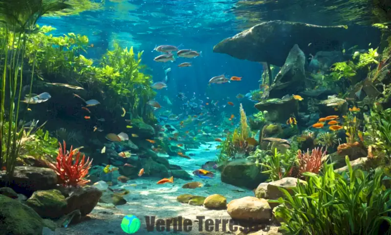 Ilustración vibrante de un río de agua dulce con 40 especies de peces nadando entre plantas acuáticas