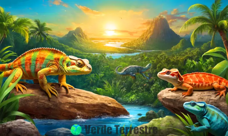 Ilustración de diez reptiles en un hábitat tropical, cada uno con características únicas y sus nombres etiquetados