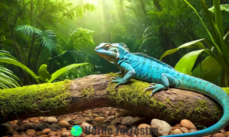 Ilustración hiperrealista de diez reptiles en sus hábitats: iguana en la selva, serpiente de cascabel en el desierto, tortuga en humedales y camaleón en terreno rocoso, con vegetación exuberante y cielos azules