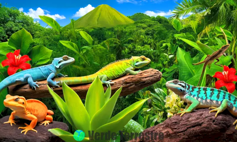 Collage de diez reptiles coloridos en un entorno tropical con vegetación exuberante y un cielo azul