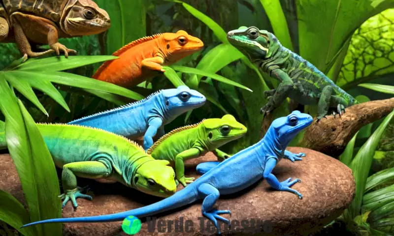 Diez reptiles en sus hábitats naturales, incluyendo una iguana verde, una rana dardo azul y una tortuga marina, rodeados de vegetación tropical y ambientes acuáticos