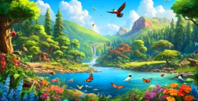 Ecosistema vibrante con flora y fauna diversa