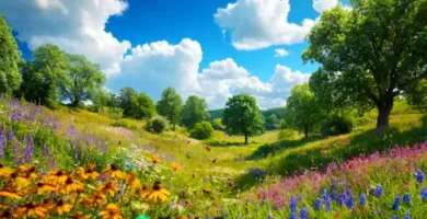 Abejas en un prado vibrante con flores silvestres y un cielo azul