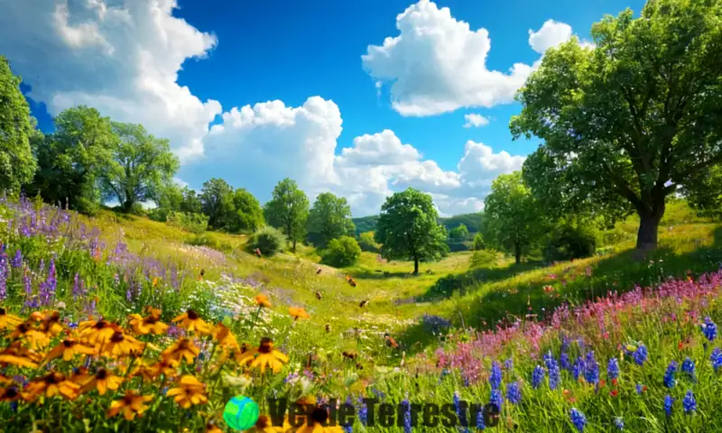 Abejas en un prado vibrante con flores silvestres y un cielo azul