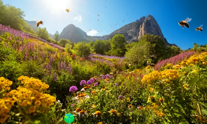 Una ilustración educativa que muestra diversas especies de abejas en un jardín vibrante mientras polinizan flores bajo un cielo azul