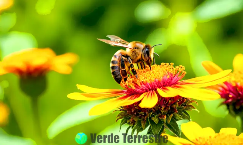 Abeja vibrante reposando en una colorida flor en un jardín frondoso