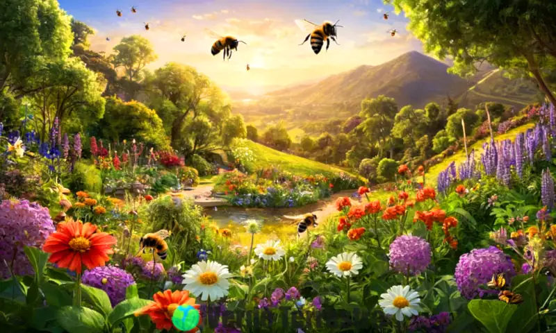 Escena ilustrada que muestra abejas polinizando flores vibrantes en un jardín, resaltando la importancia ecológica de estos insectos