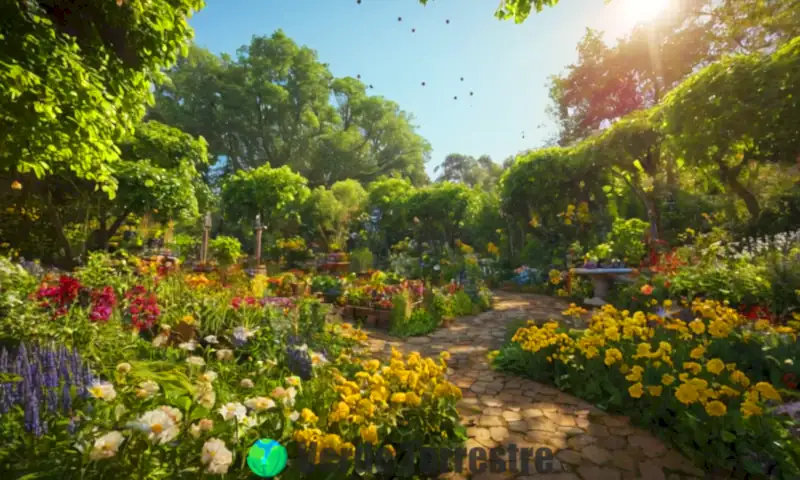 Colonia de abejas en un jardín vibrante, rodeadas de flores coloridas y trabajando juntas en su hábitat