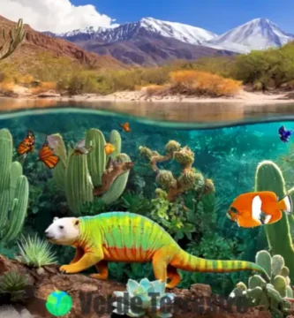Collage que muestra diversas adaptaciones ecológicas: un camaleón en la selva