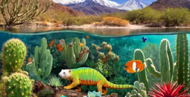 Collage que muestra diversas adaptaciones ecológicas: un camaleón en la selva