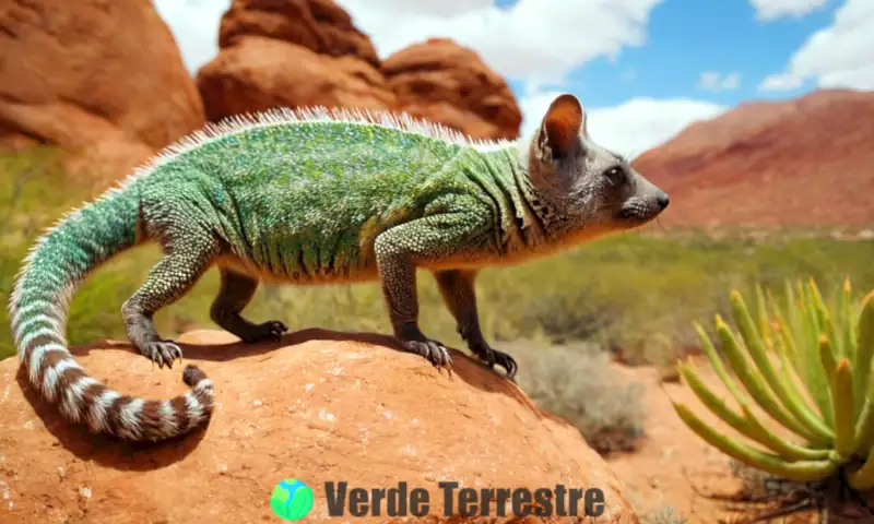 Adaptaciones ecológicas que muestran un camaleón en un desierto, un zorro ártico en la tundra y un cactus en la selva, representando la biodiversidad y la selección natural