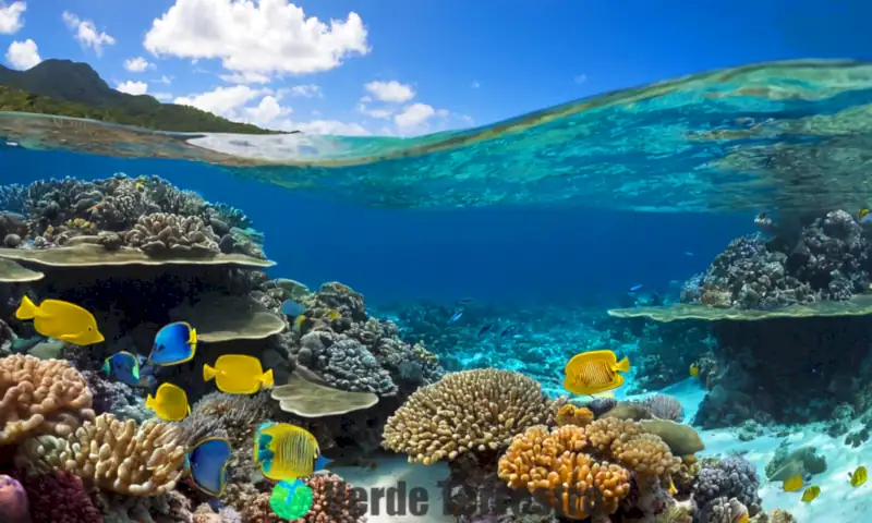 Paisaje oceánico con aguas azul profundo, olas en la orilla, peces coloridos, corales y cielo despejado