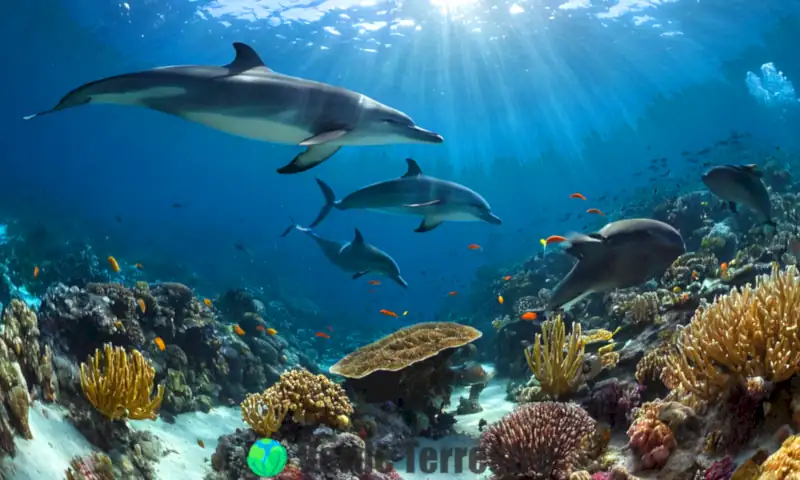 Vista submarina de ecosistemas marinos diversos con coloridos corales, peces y mamíferos como delfines, iluminada por luz solar