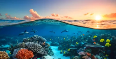 Representación artística del océano con tonos vibrantes