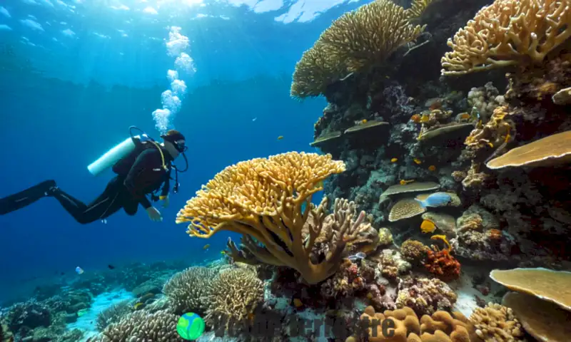 Un buceador observa coloridos arrecifes de coral y diversa vida marina en un entorno oceánico vibrante y frágil