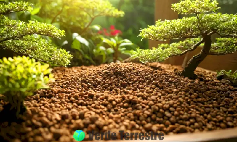 Granulado de akadama en primer plano, rodeado de bonsáis y plantas florales en un jardín sereno