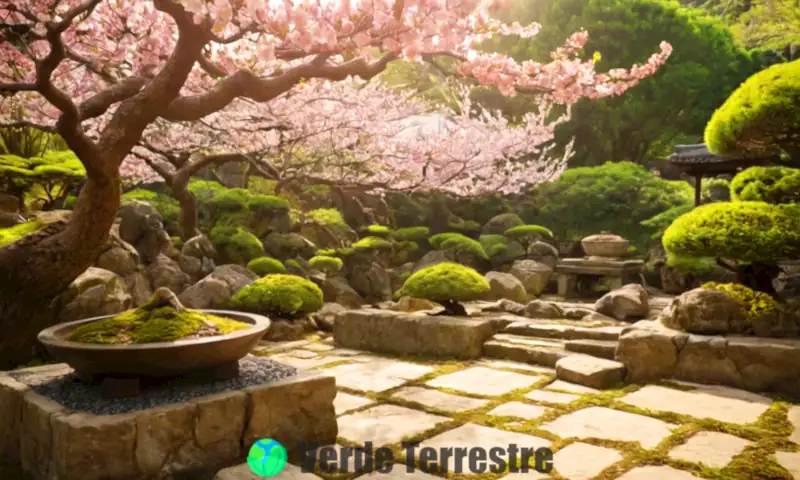 Jardín japonés con bonsáis y plantas vibrantes en terreno de Akadama, rodeado de flores de cerezo bajo luz suave