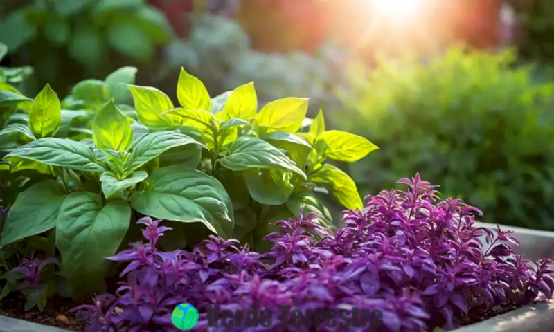 Planta de albahaca púrpura en un jardín vibrante con hojas verdes y matices púrpuras, iluminada por la luz del sol