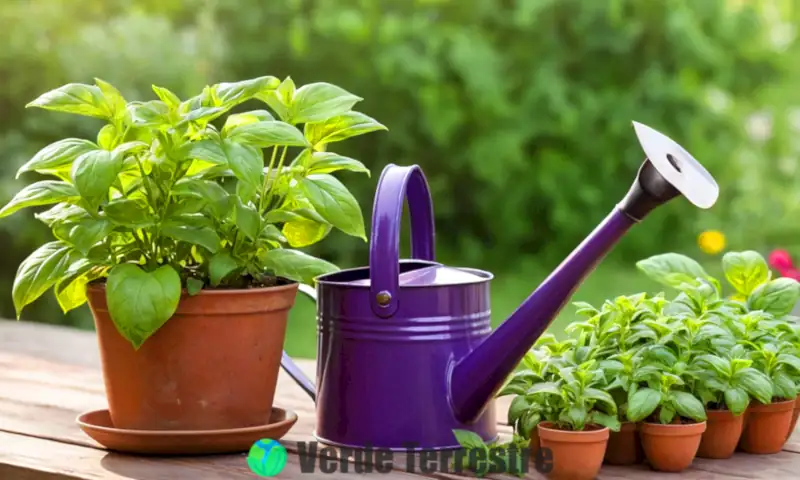 Planta de albahaca morada en un jardín soleado, rodeada de herramientas de jardinería y flores