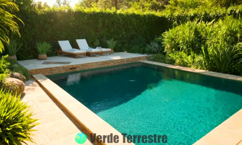 Persona cuidando una piscina ecológica en un entorno verde y soleado, rodeada de plantas naturales