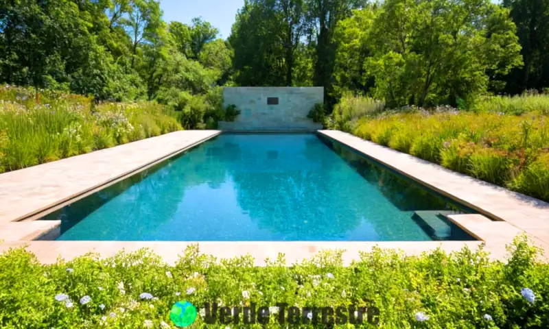 Piscina ecológica rodeada de vegetación, con un cielo despejado y un cartel sobre prácticas sostenibles