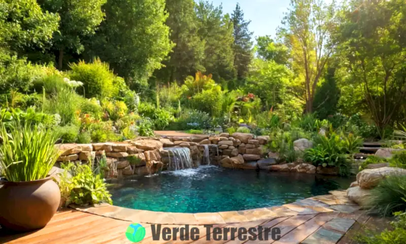 Piscina ecológica rodeada de un jardín exuberante, con personas relajándose bajo un cielo azul