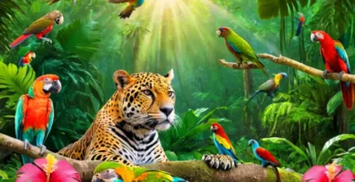 Portada de libro con collage de 30 animales amazónicos en un bosque tropical
