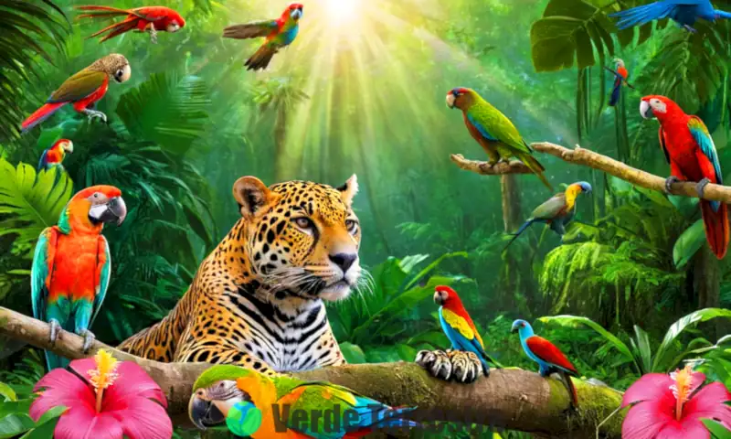 Portada de libro con collage de 30 animales amazónicos en un bosque tropical