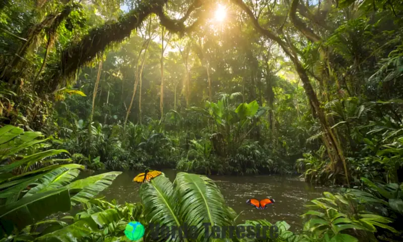 Escena realista de la selva amazónica con diversos animales, vegetación exuberante y luz suave